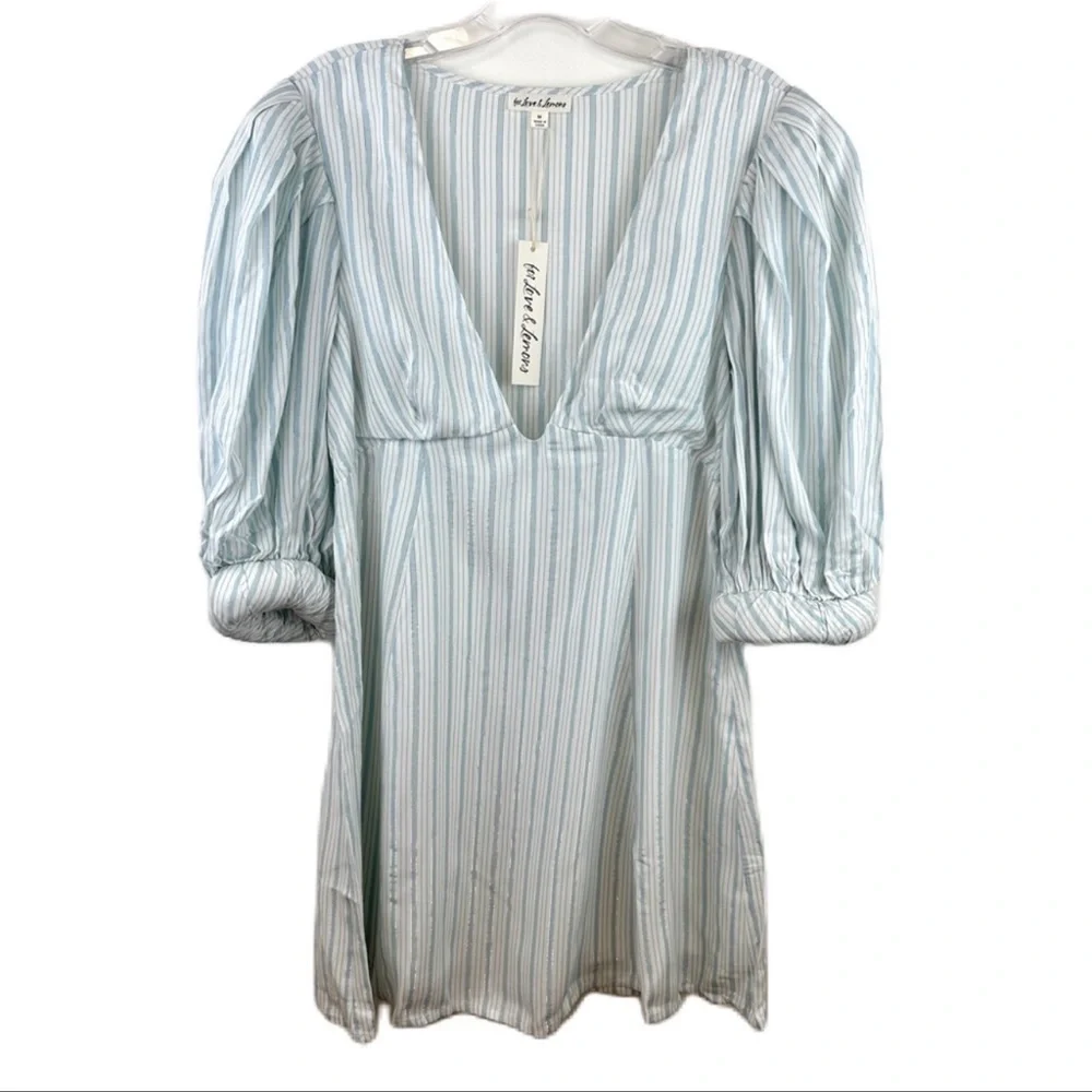 NWT For Love and Lemons Leslie Mini Dress Light Blue Size XS Metallic Stripe - Picture 3 of 10